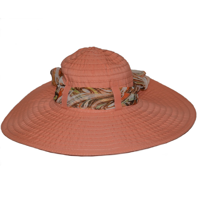 Scala Big Brim Ribbon Chiffon Scarf Hat - Apricot