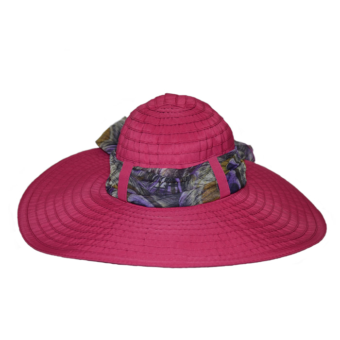 Scala Big Brim Ribbon Chiffon Scarf Hat - Fuchsia