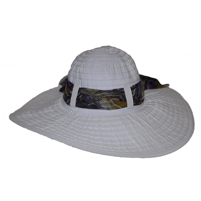 Scala Big Brim Ribbon Chiffon Scarf Hat - White