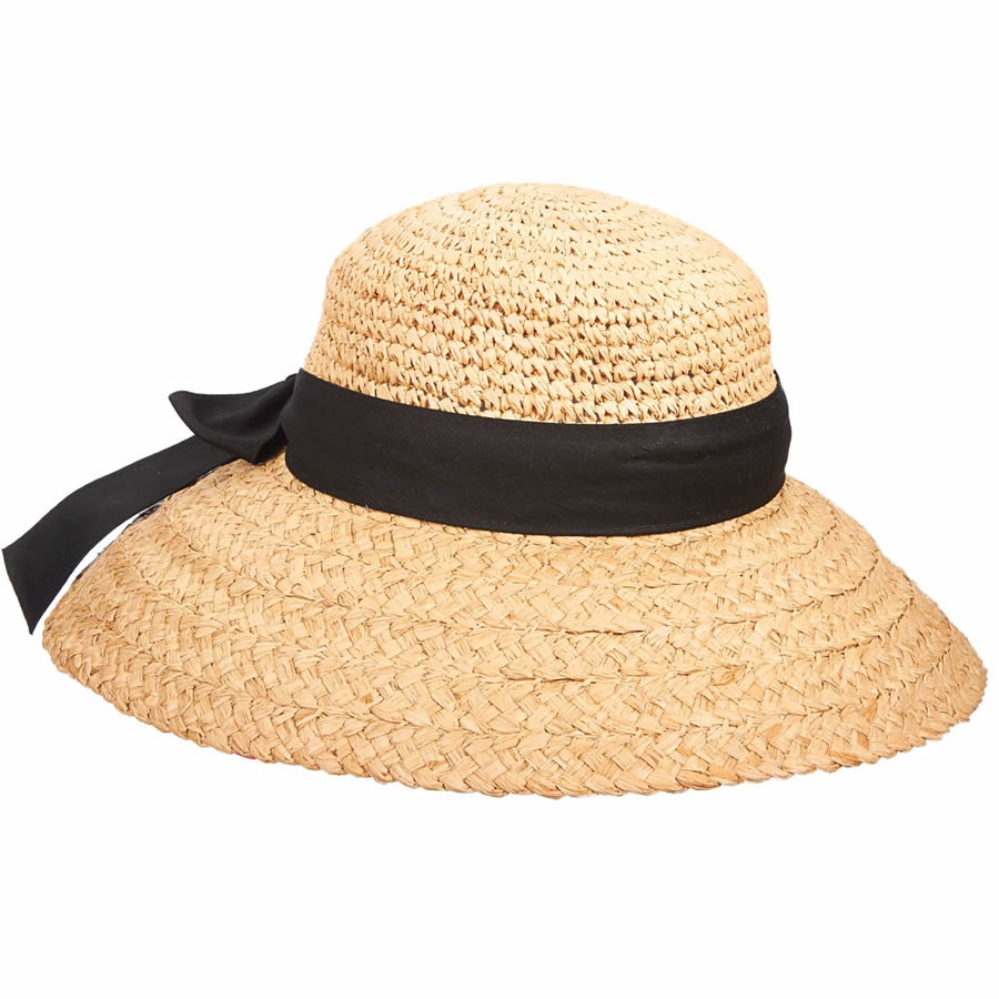 Scala Big Rim Crocheted Shapeable Raffia Hat With Bow - Click Image to Close
