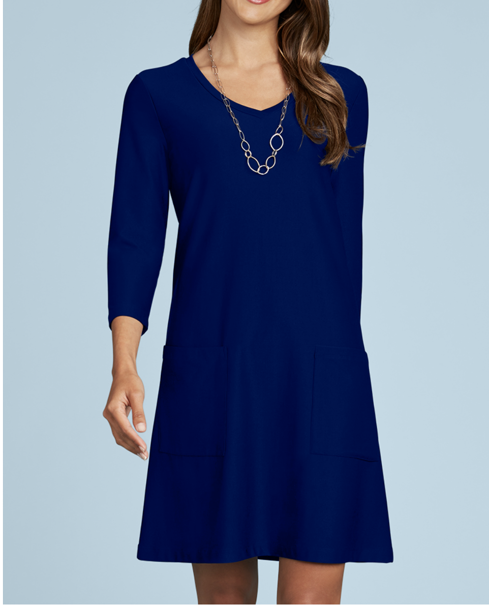 JudyP Emily 3/4 Sleeve V Neck Dress - Navy