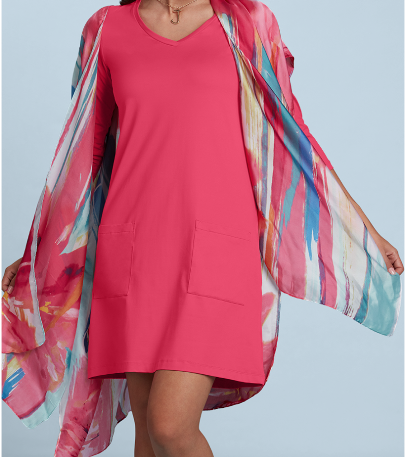 JudyP Emily 3/4 Sleeve V Neck Dress - Razzmatazz
