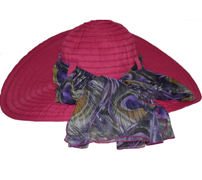 Scala Big Brim Ribbon Chiffon Scarf Hat - Fuchsia