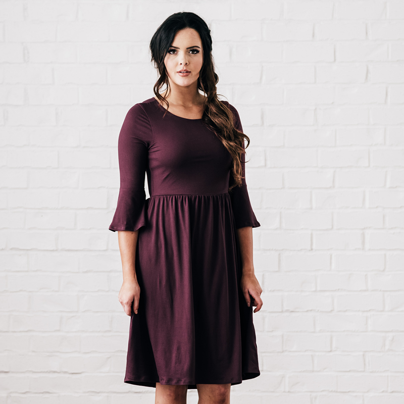 MIKAROSE Naomi Flare Sleeve Dress- Eggplant