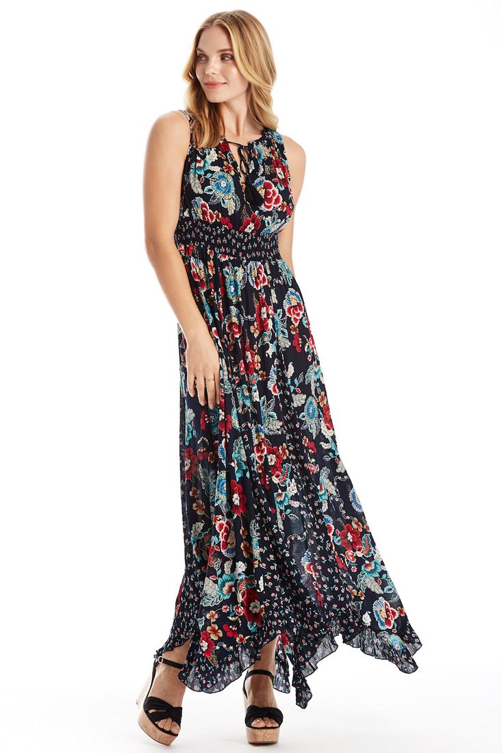 Bila Floral Navy Empire Handkerchief Dress