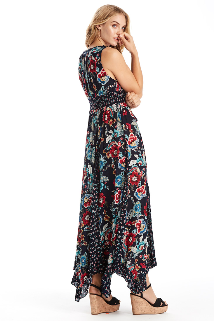 Bila Floral Navy Empire Handkerchief Dress