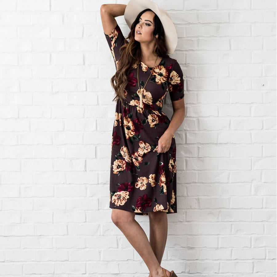 MIKAROSE Natalie Elbow Sleeve Dress- Plum Floral