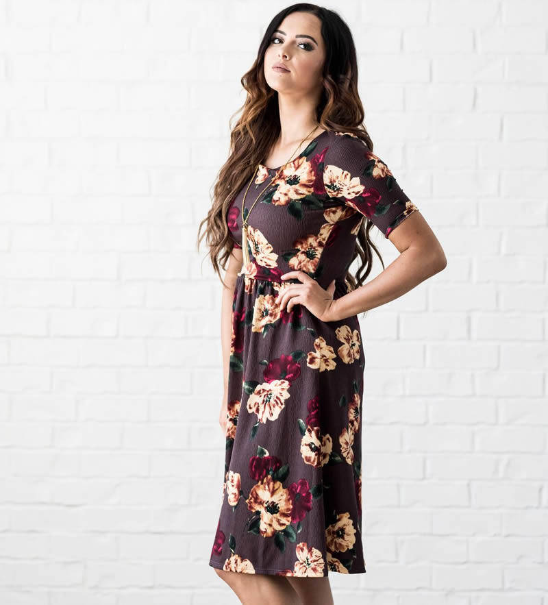 MIKAROSE Natalie Elbow Sleeve Dress- Plum Floral - Click Image to Close